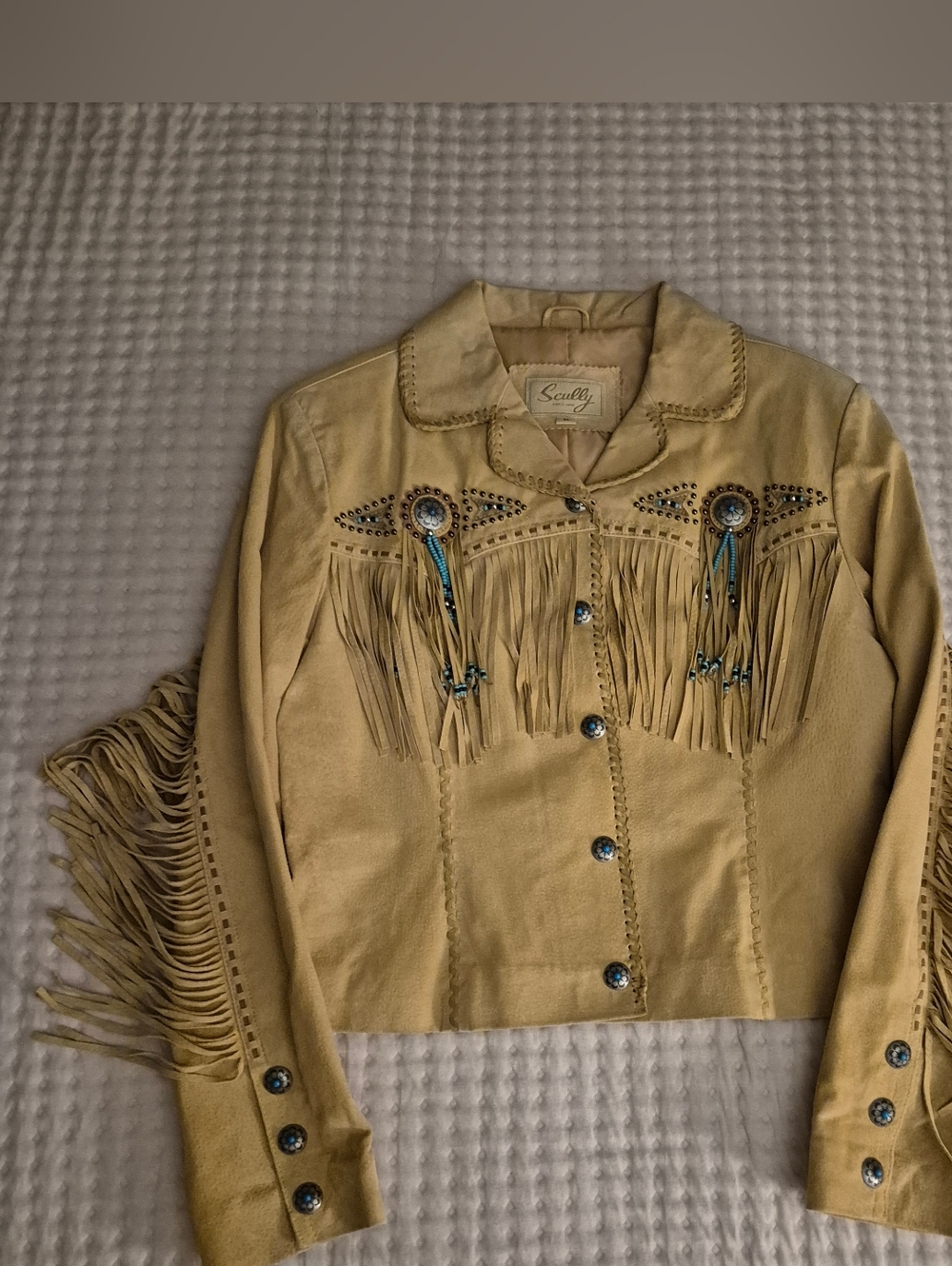 Scully Women's Suede Fringe Western Jacket in Tan with conchos size M